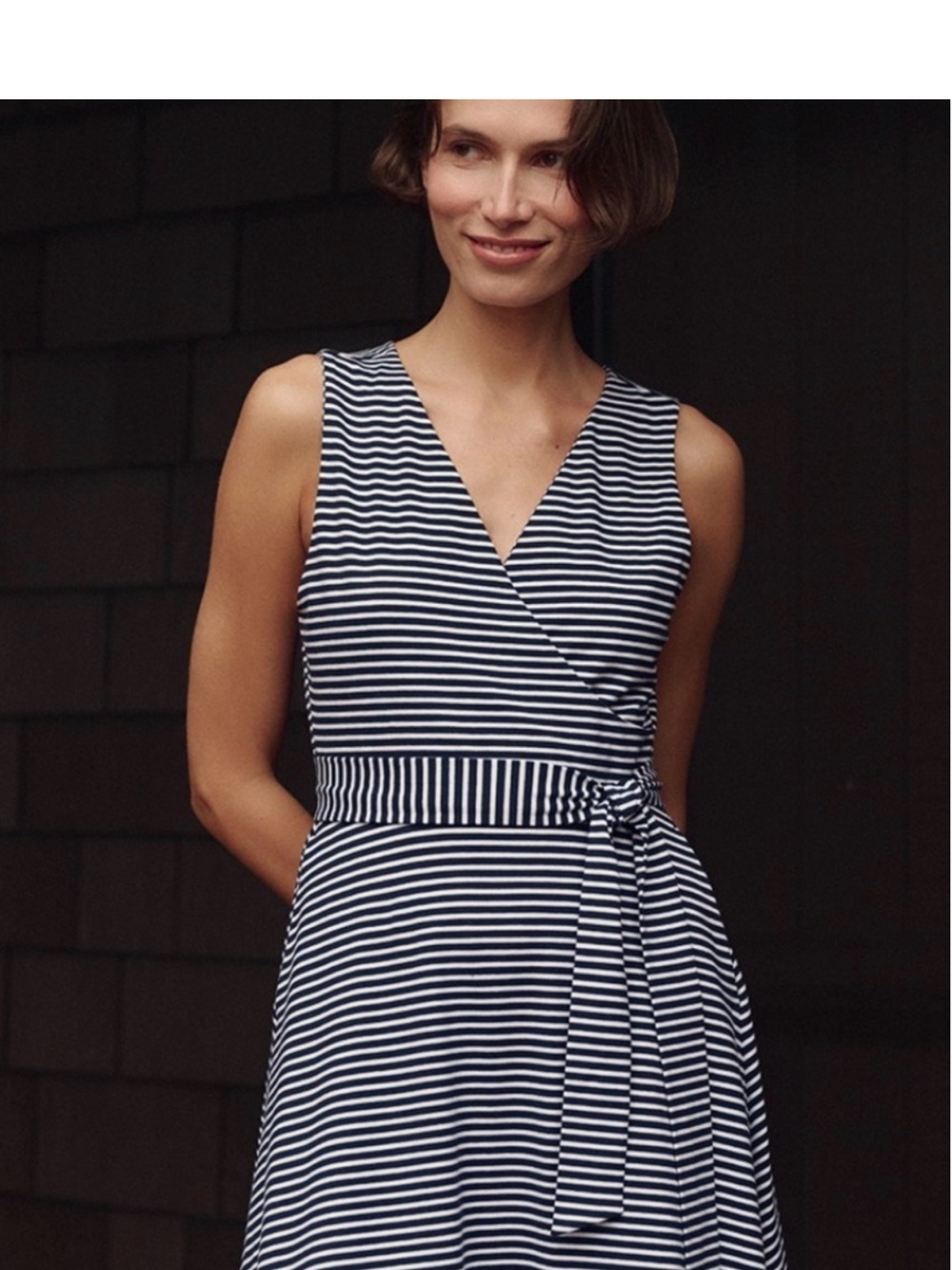 Sleeveless Navy and White Striped Wrap Midi Dress